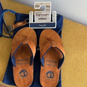 Harimari x Nokona Leather Flip Flops in Brown and Navy